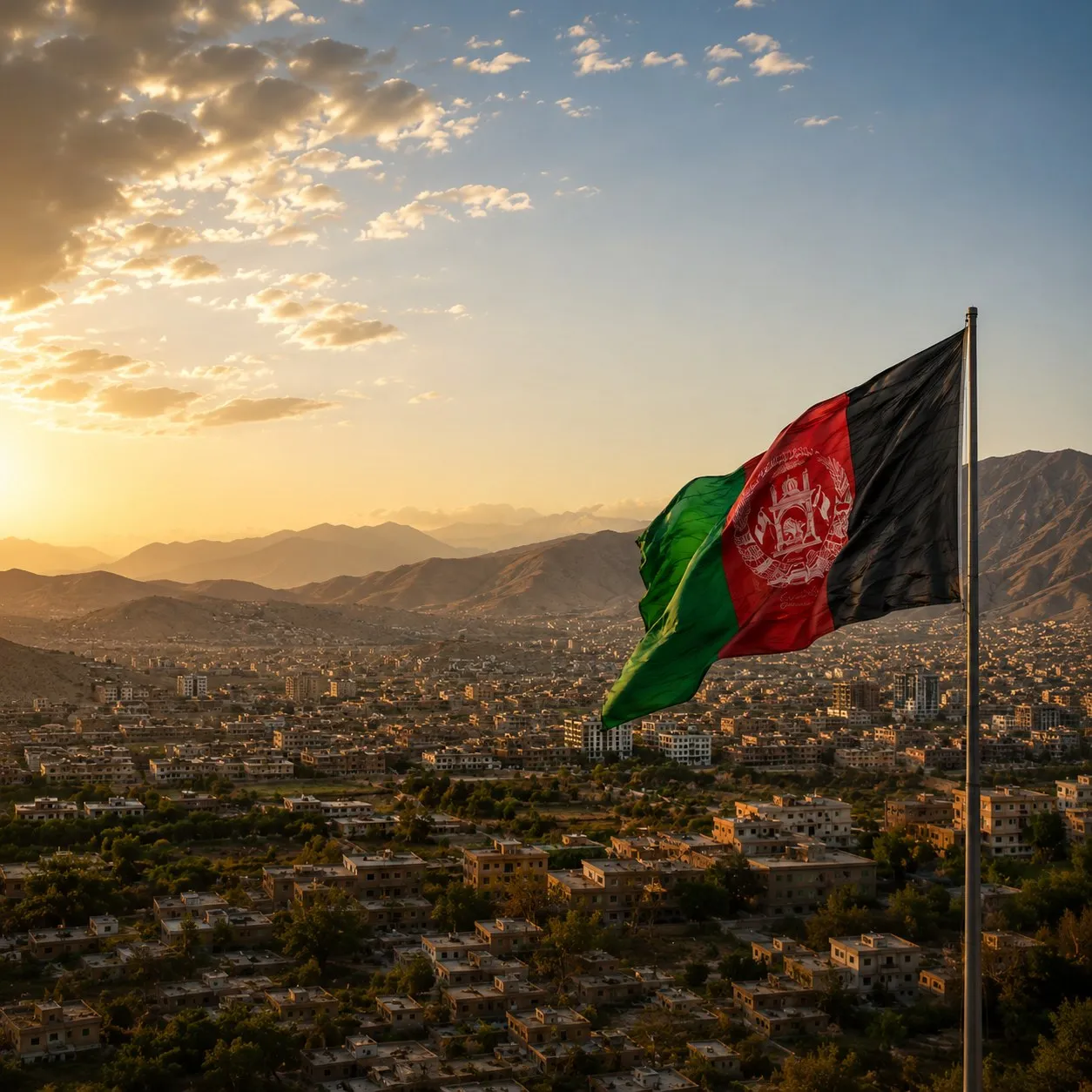Afghanische Flagge über Kabul im Abendlicht